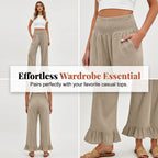 A woman wearing boho style ruffle trim lounge pants by Arenzza, featuring a relaxed fit and soft fabric, in a cozy indoor setting.