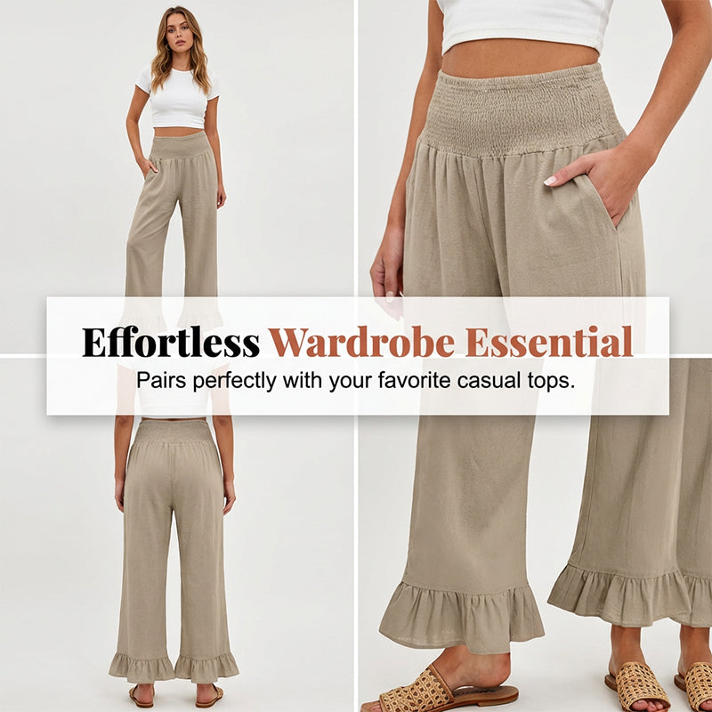 A woman wearing boho style ruffle trim lounge pants by Arenzza, featuring a relaxed fit and soft fabric, in a cozy indoor setting.