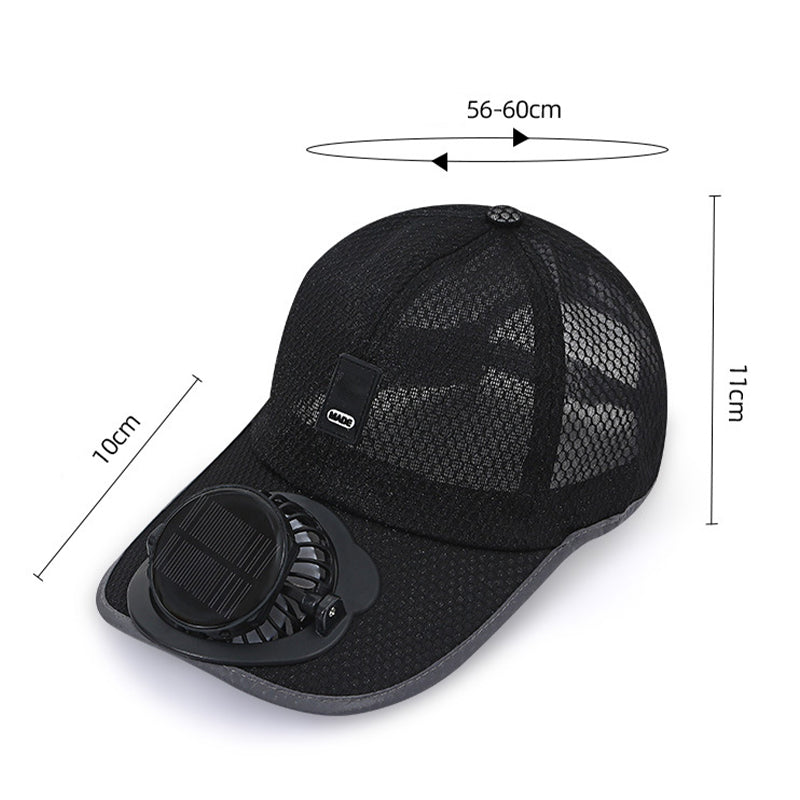 Arenzza breathable baseball cap with solar fan, adjustable 360° fan, UPF50+ sun protection, and a stylish design for outdoor wear.