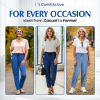 A pair of Arenzza high waist ultra-stretch mom jeans with a relaxed fit, displayed on a hanger against a neutral background.