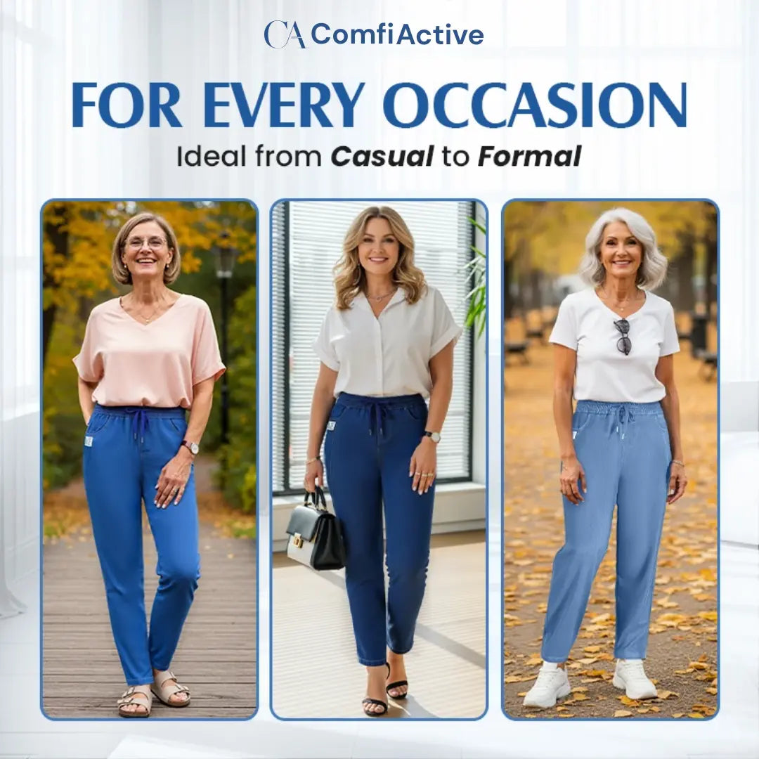 A pair of Arenzza high waist ultra-stretch mom jeans with a relaxed fit, displayed on a hanger against a neutral background.