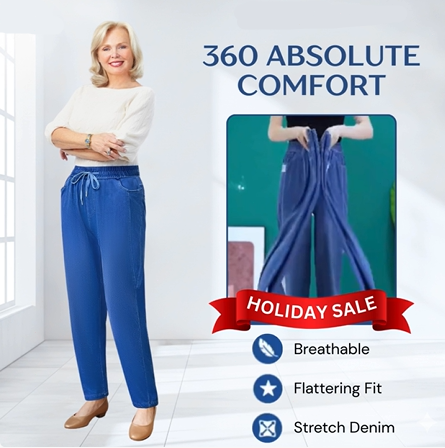 A pair of high waist ultra-stretch mom jeans from Arenzza, showcasing a stylish fit with a focus on denim fabric.