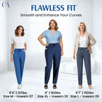 A pair of high waist ultra-stretch mom jeans from Arenzza, shown in a close-up image highlighting the fit and denim fabric.