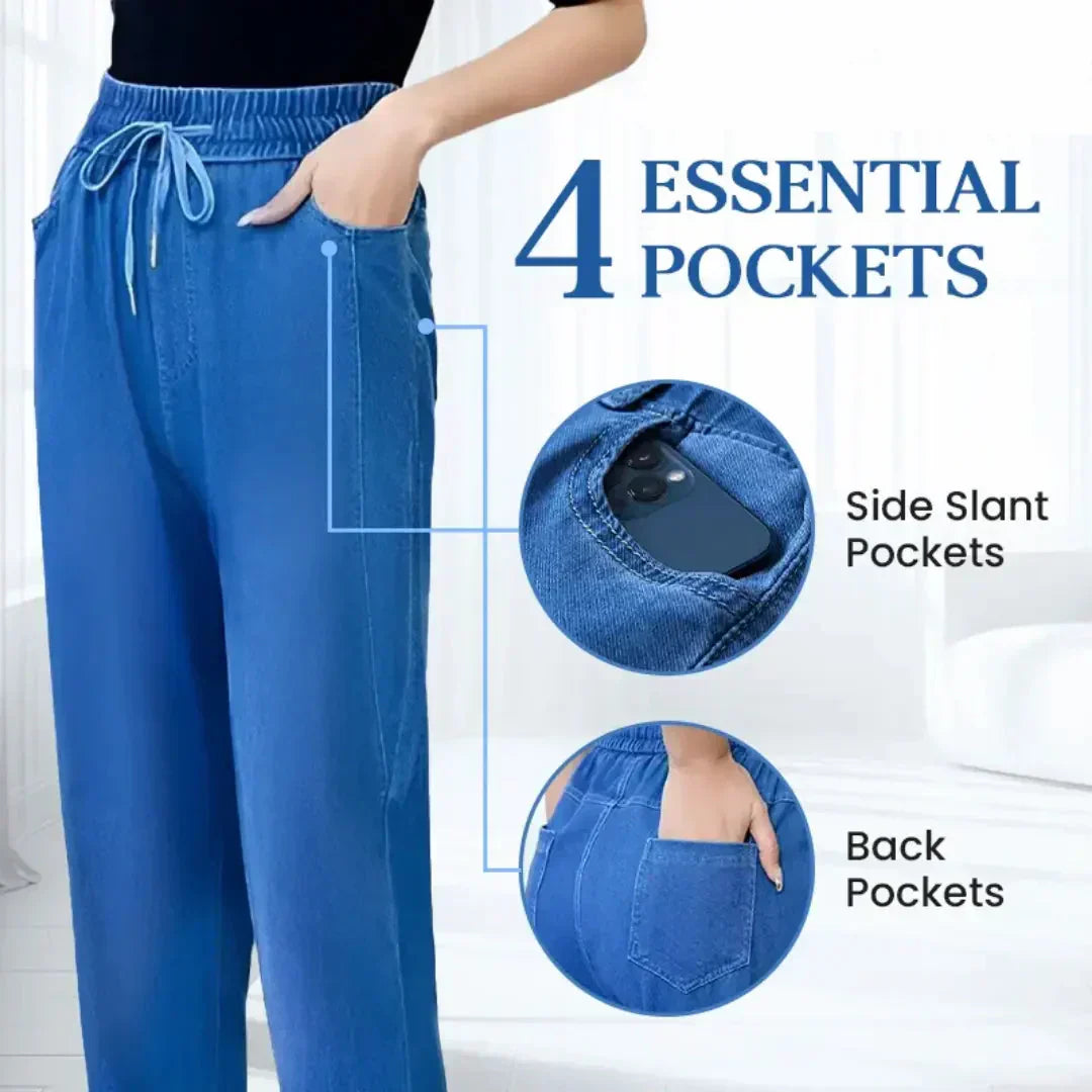 A pair of Arenzza high waist ultra-stretch mom jeans with a classic blue denim look, displayed on a neutral background.