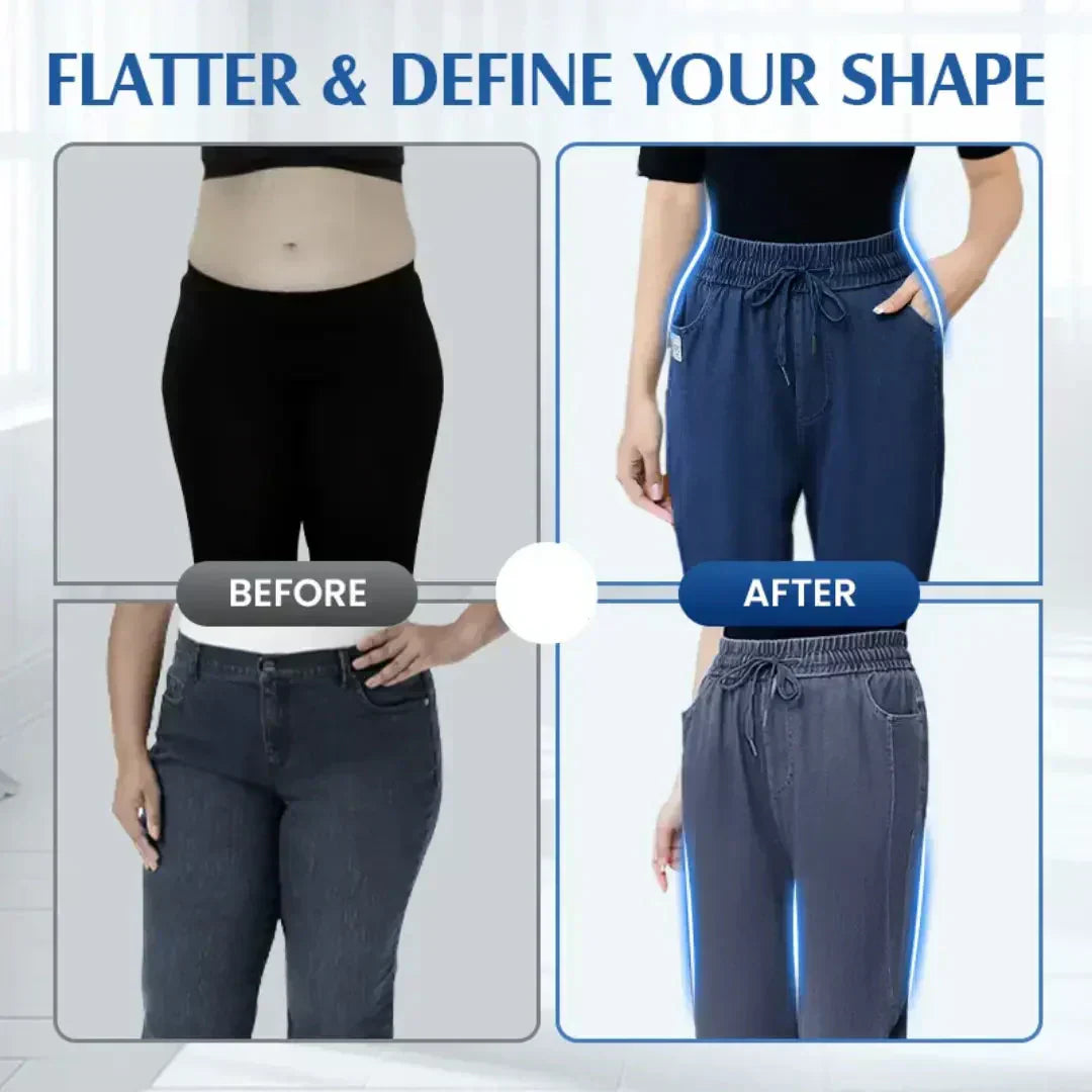 A pair of Arenzza high waist ultra-stretch mom jeans showing fitted style and classic denim look.