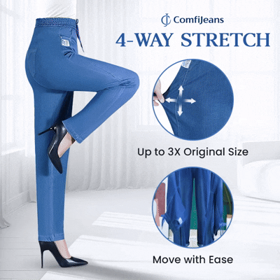 A pair of high waist ultra-stretch mom jeans by Arenzza, showcasing their fit and denim texture on a neutral background.
