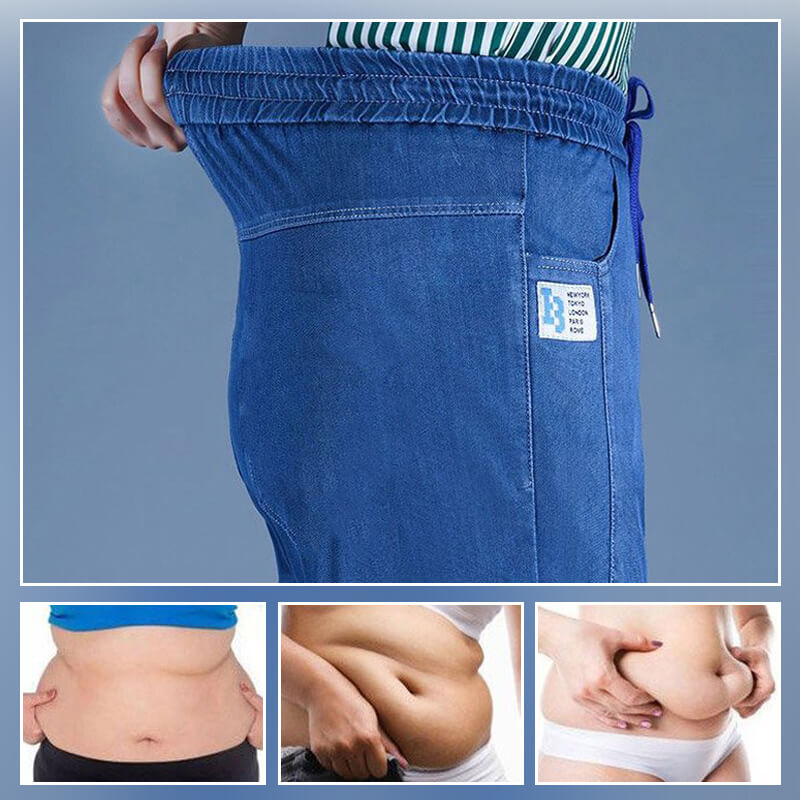 A pair of high waist ultra-stretch mom jeans from Arenzza, shown on a model, highlighting the fit and denim fabric.