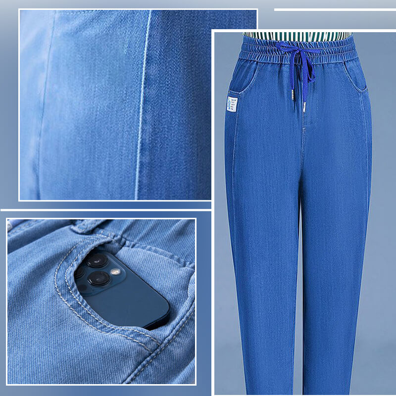 A pair of high waist ultra-stretch mom jeans by Arenzza, showcasing their fit and denim texture on a plain background.