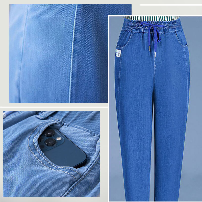 A pair of high waist ultra-stretch mom jeans by Arenzza, showcasing the fit and denim fabric on a mannequin.