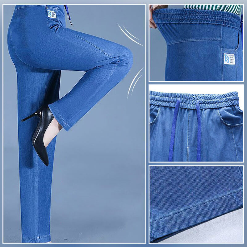 A pair of Arenzza high waist ultra-stretch mom jeans with a classic blue denim look, displayed on a mannequin or flat lay.