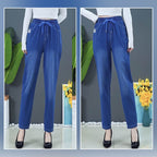 A pair of Arenzza high waist ultra-stretch mom jeans with a classic blue denim look, displayed on a white background.