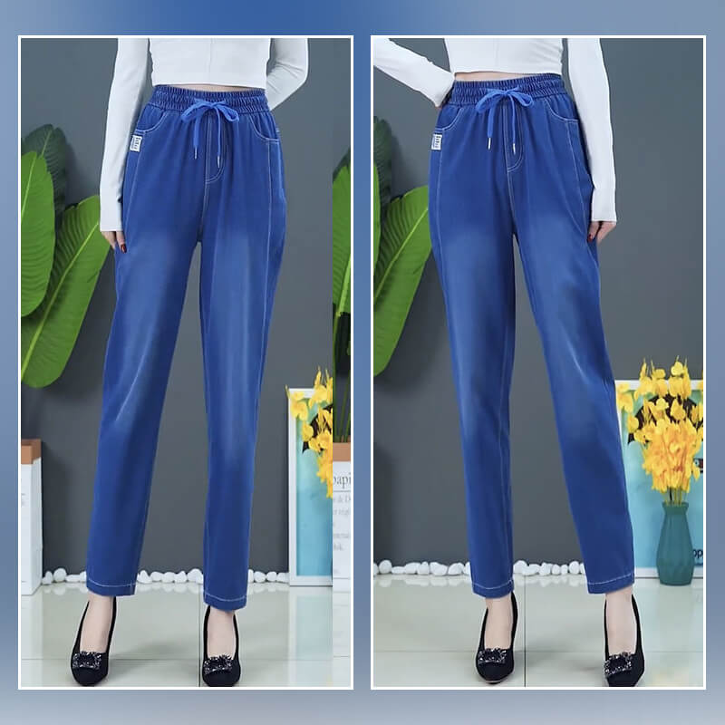 A pair of Arenzza high waist ultra-stretch mom jeans with a classic blue denim look, displayed on a white background.