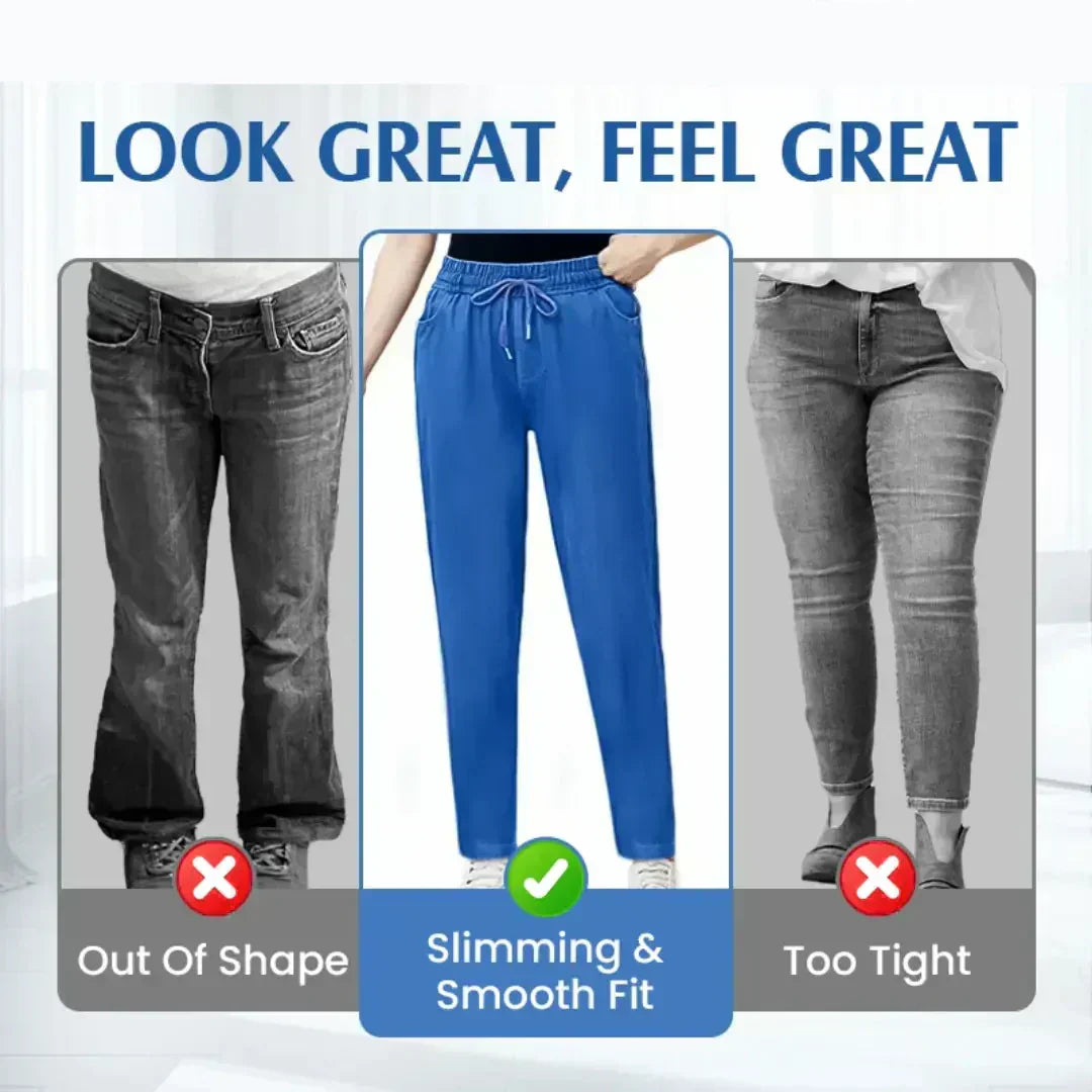 A pair of Arenzza high waist ultra-stretch mom jeans with a classic blue denim look, displayed on a white background.