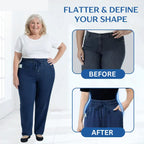 A pair of Arenzza high waist ultra-stretch mom jeans, shown in a natural pose, highlighting the fit and denim fabric details.