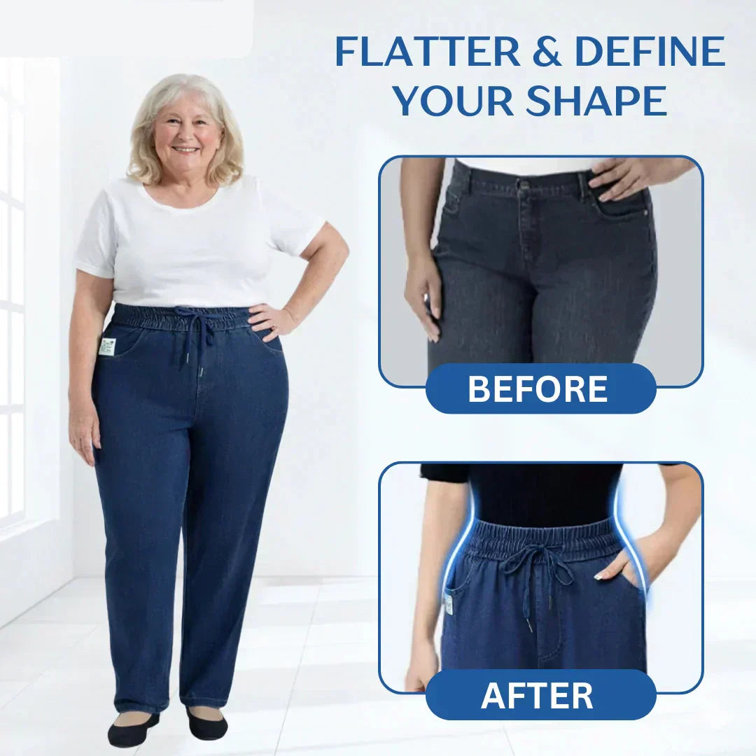 A pair of Arenzza high waist ultra-stretch mom jeans, shown in a natural pose, highlighting the fit and denim fabric details.