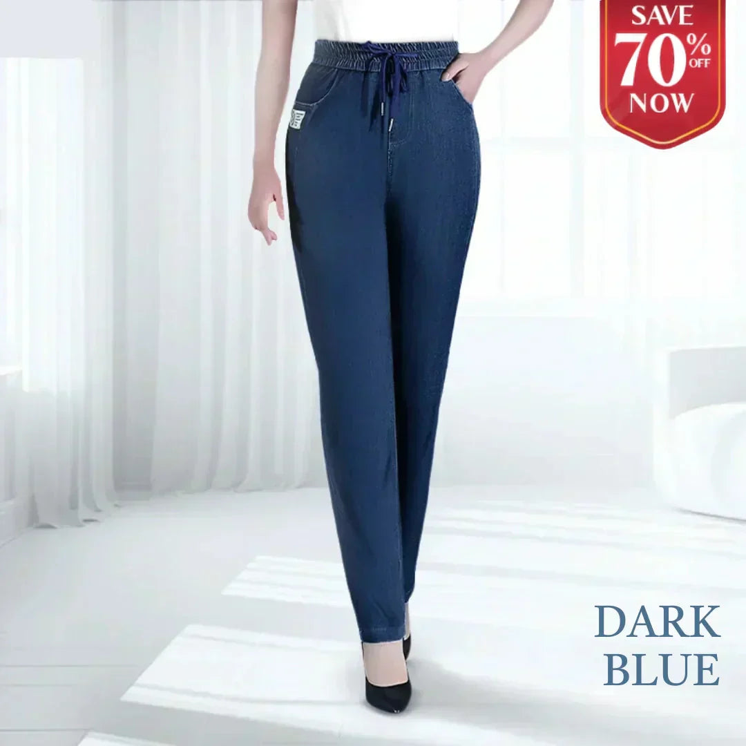 A pair of high waist ultra-stretch mom jeans from Arenzza, shown in a natural fit with classic denim style.