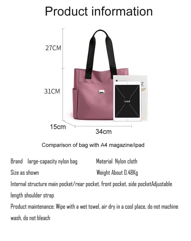Arenzza large capacity water-repellent nylon shoulder bag with multiple pockets, shown with adjustable strap and sleek design.