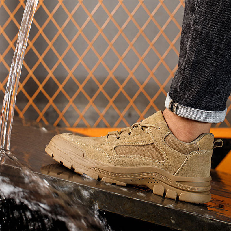 Arenzza industrial safety shoes with anti-slip, anti-puncture, and heat-resistant features, shown in a close-up view.