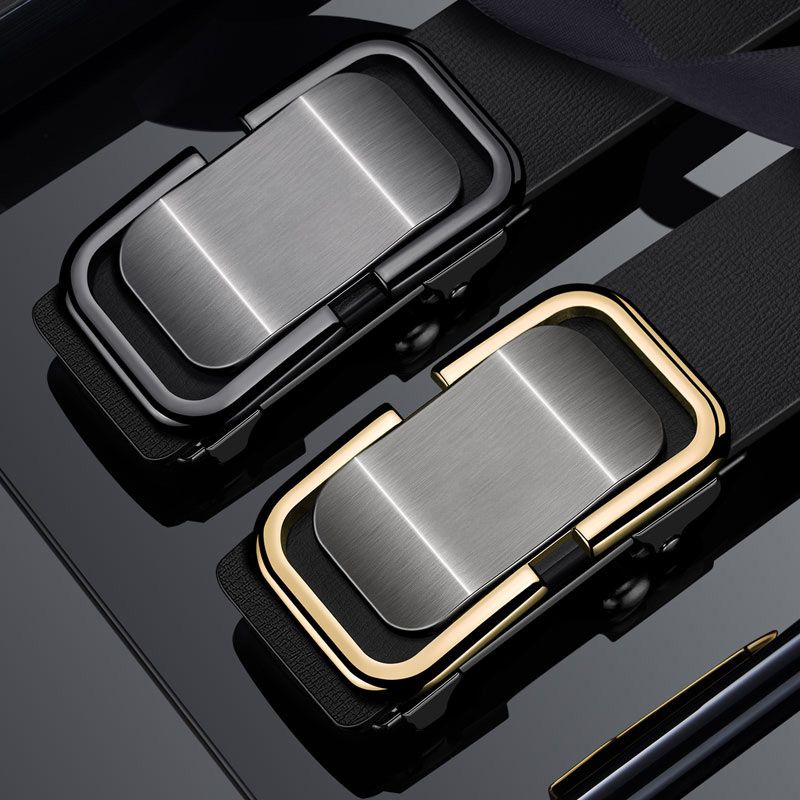 Aarenza men's leather belt with automatic buckle, showcasing its sleek design and high-quality black leather strap.
