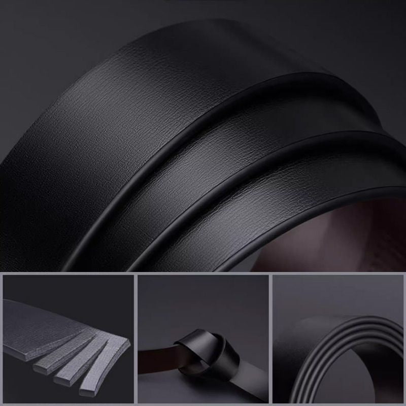 Arenzza men's leather belt with automatic buckle, showcasing a sleek black leather strap and modern fastening mechanism.