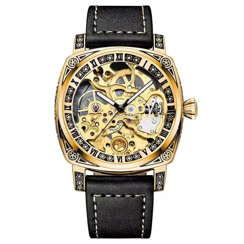 Arenzza men's fashion analog mechanical watch with round dial and leather strap, showcasing a stylish business accessory.