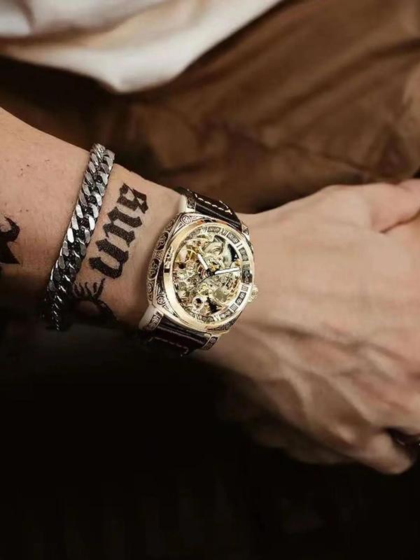 Arenzza men's analog mechanical watch with round dial, leather strap, and classic business fashion style.