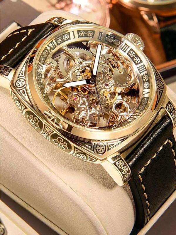 Arenzza men's business fashion leather strap analog mechanical watch with round dial and classic design.