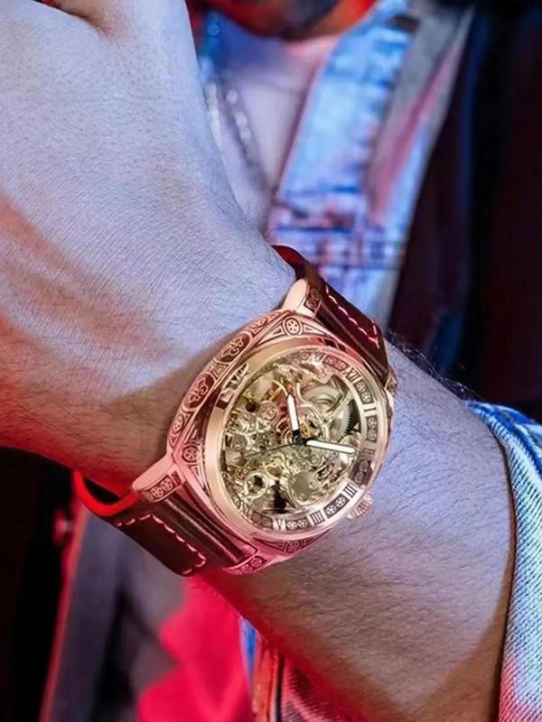 Arenzza men's leather strap analog mechanical watch with round dial, stylish business fashion design.
