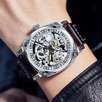 Arenzza men's leather strap analog mechanical watch with a round dial, showcasing a stylish business fashion design.