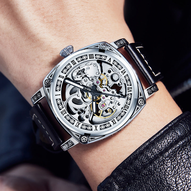 Arenzza men's leather strap analog mechanical watch with a round dial, showcasing a stylish business fashion design.