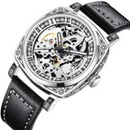 Arenzza men's analog mechanical watch with round dial, leather strap, and classic business fashion style.