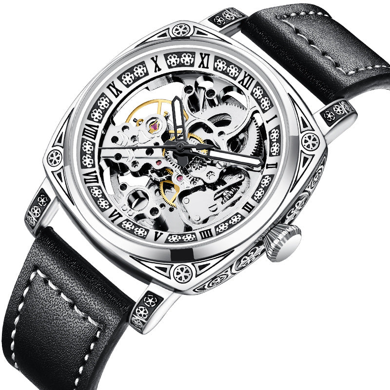 Arenzza men's analog mechanical watch with round dial, leather strap, and classic business fashion style.