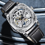 Arenzza men's business fashion round dial leather strap analog mechanical watch showcasing a sleek silver case and black leather band.