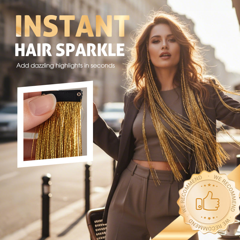 Arenzza sparkling clip-in hair tinsel accessory showing shiny, colorful strands clipped into long, straight hair for a festive look.