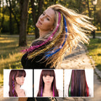 A woman with sparkling clip-in hair tinsel from Arenzza adding shimmer to her hair for a stylish, glamorous look.