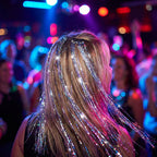 A close-up of Arenzza sparkling clip-in hair tinsel with shimmering silver strands on brunette hair for a stylish accessory.
