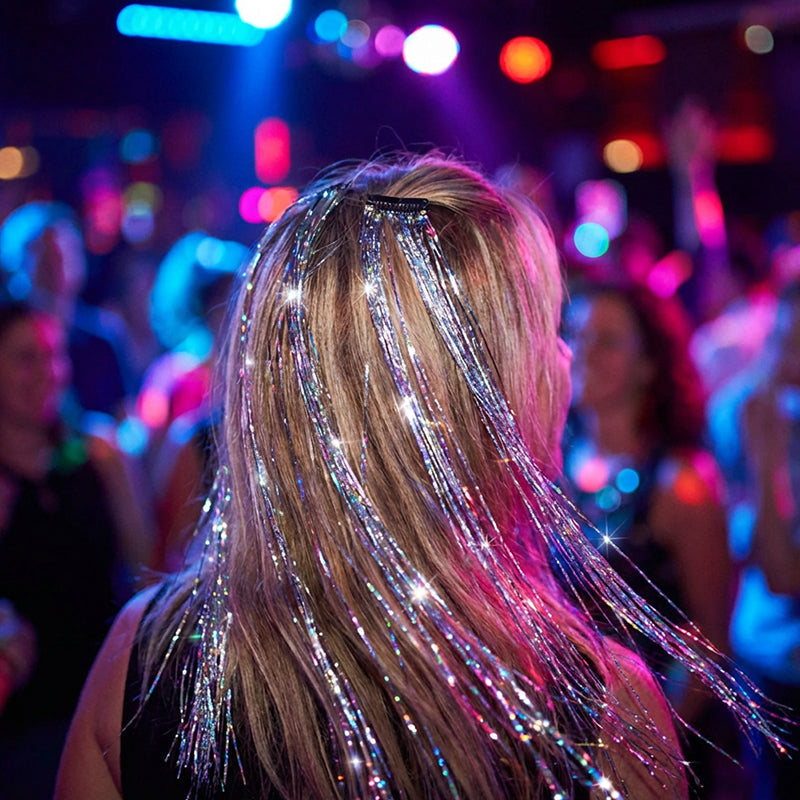 A close-up of Arenzza sparkling clip-in hair tinsel with shimmering silver strands on brunette hair for a stylish accessory.