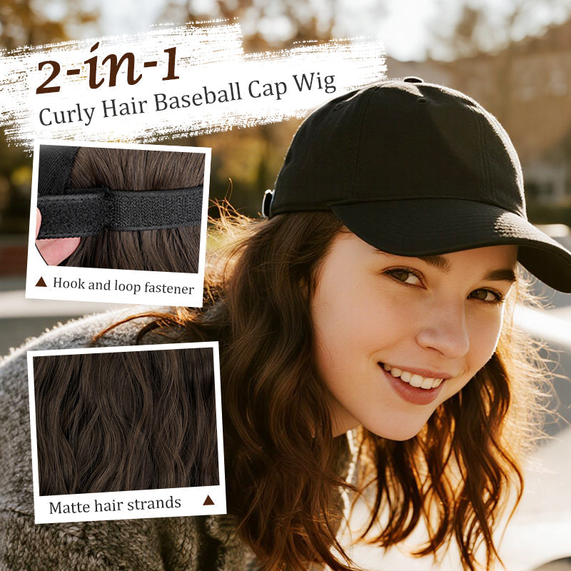 Aarenza 2-in-1 curly hair baseball cap wig, showing a stylish cap with attached curly hair in natural brown color, front view.