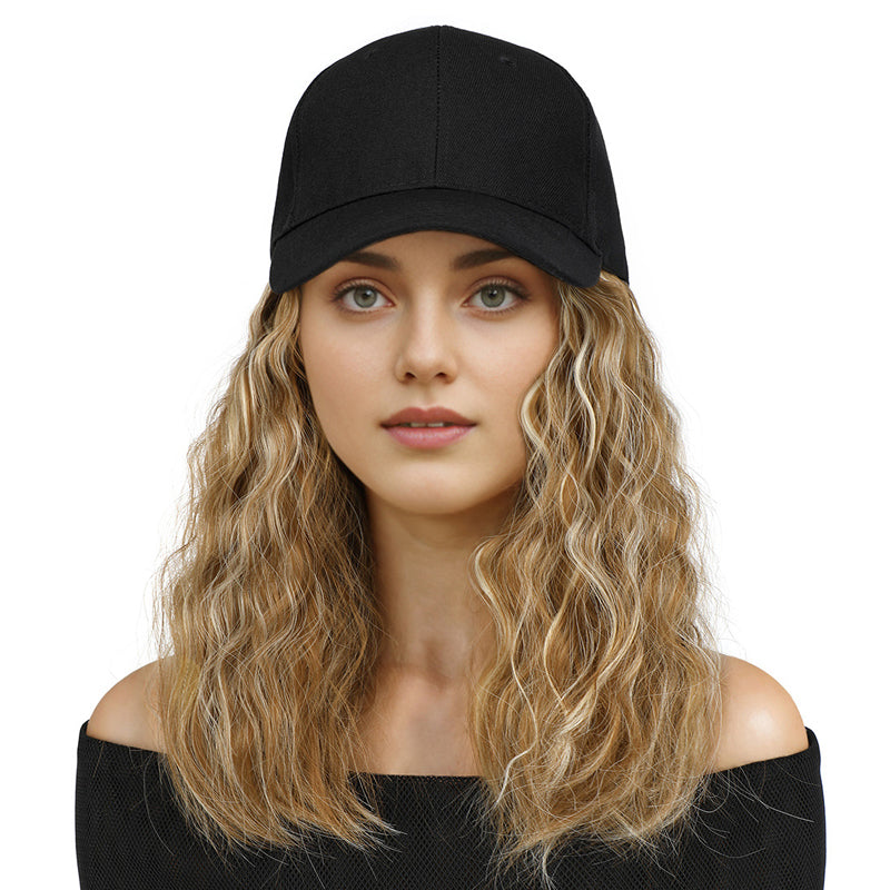 Arenzza 2-in-1 curly hair baseball cap wig showing a mixed curly hair wig attached to a casual baseball cap in a natural setting