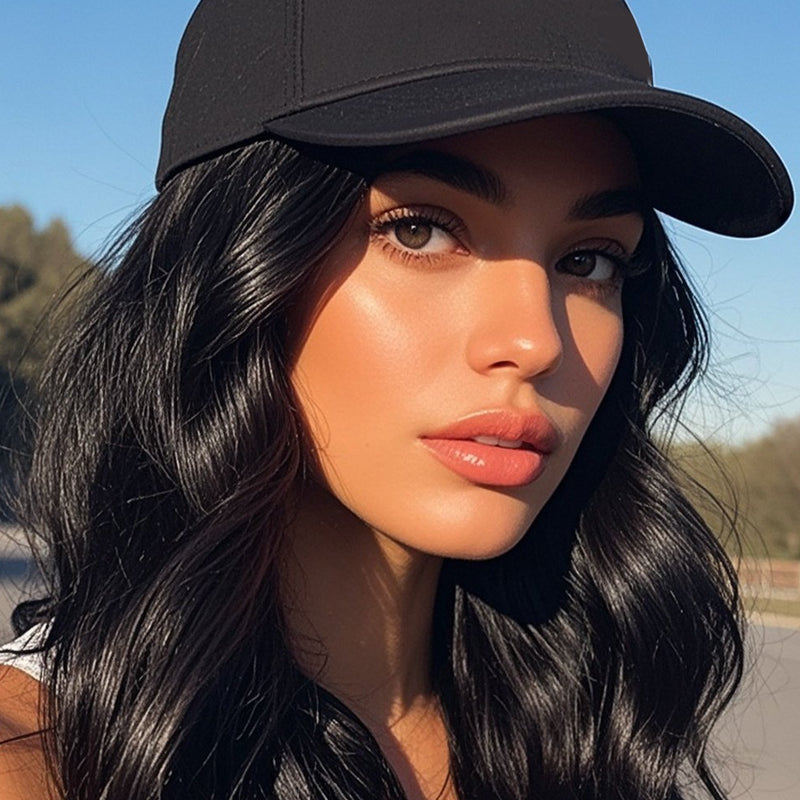 Arenzza 2-in-1 curly hair baseball cap wig showing a sporty cap with attached curly hair in natural brown color.