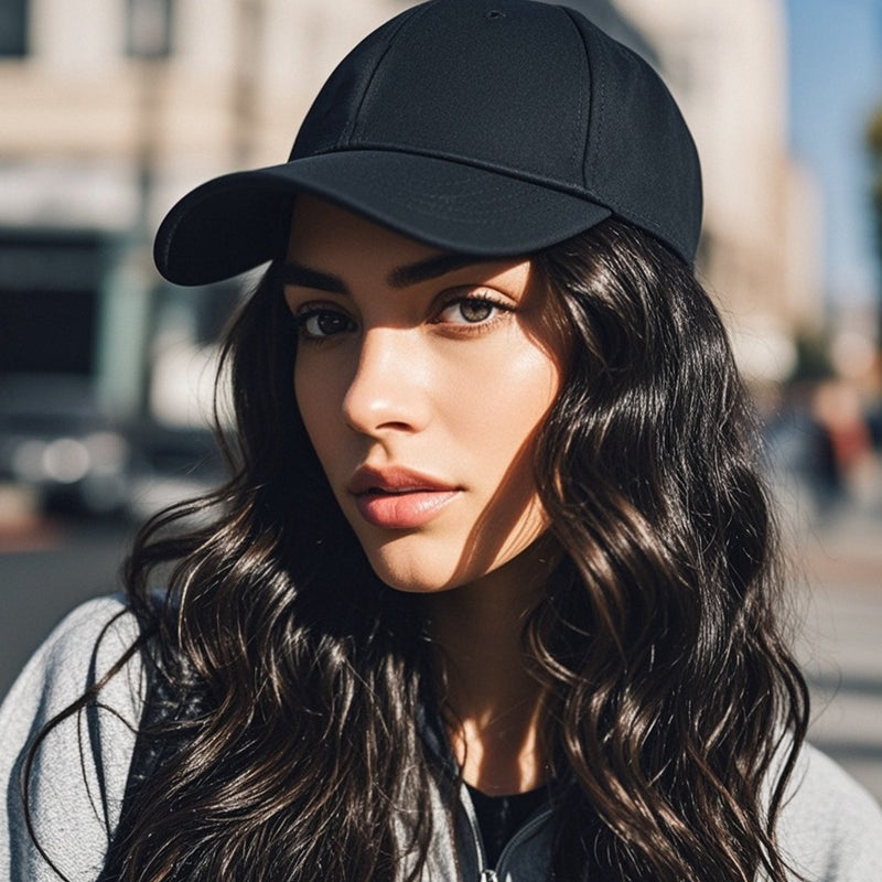 A tan 2-in-1 curly hair baseball cap wig by Arenzza, showing the cap with curly wig attached, styled for casual wear.
