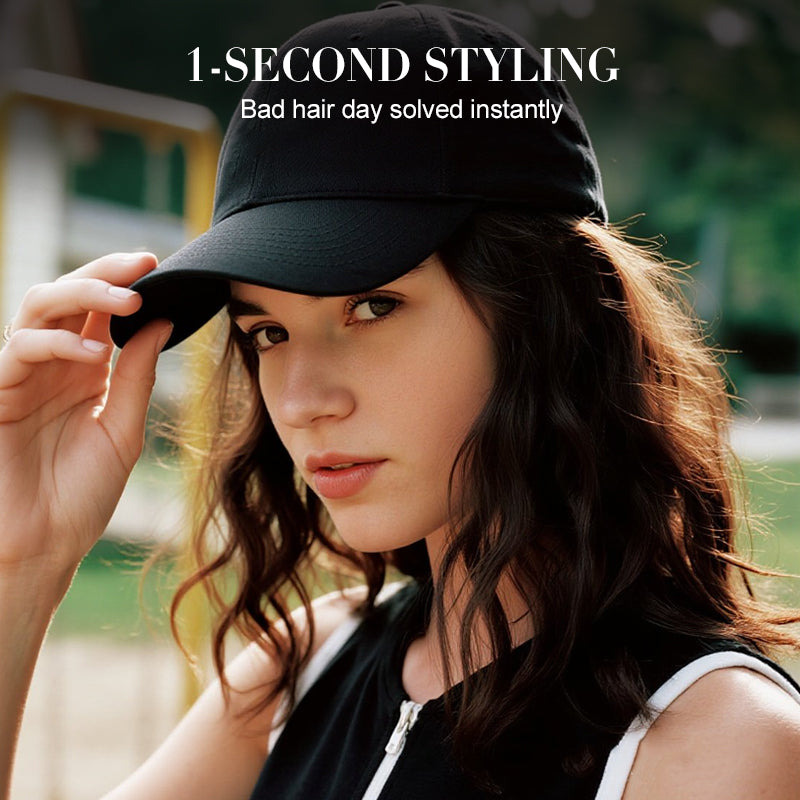 A woman wearing a curly hair 2-in-1 baseball cap wig by Arenzza, showcasing the stylish accessory with curly hair and casual cap design.