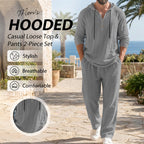 Arenzza men's hooded casual loose fit top and pants 2-piece set, comfortable clothing for everyday wear, in neutral color.