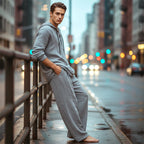 Arenzza men's hooded casual loose top and pants 2-piece set, comfortable clothing ensemble in neutral tones.