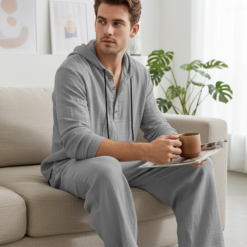 A men's hooded casual loose-fit top and pants 2-piece set by Arenzza, shown in a relaxed fit, suitable for casual wear.