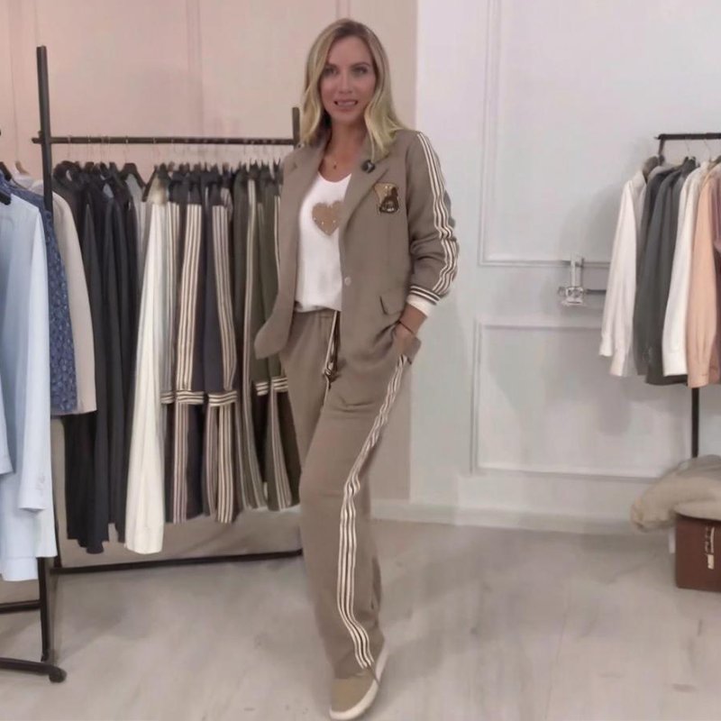 Aarenza fashion side-striped blazer and pants 2-piece set, stylish clothing with bold side stripe details on blazer and matching pants.