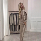 Aarenza fashion side striped blazer and pants 2-piece set, stylish women’s clothing with black and white side stripes.