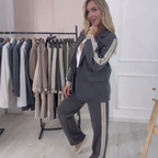 Aarenza fashion side-striped blazer and matching pants 2-piece set, stylish clothing with bold stripe details on the blazer and pants.