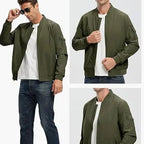 A men's lightweight bomber jacket by Arenzza in a neutral color, displayed on a hanger against a plain background.