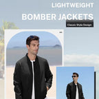 A men's lightweight bomber jacket by Arenzza in black, displayed on a hanger with a minimalist background.
